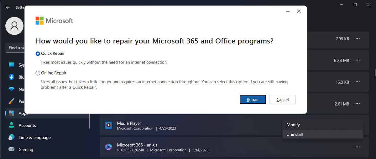 Параметры восстановления Microsoft 365 в Windows