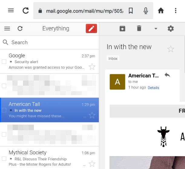 Входящие Gmail в веб-версии отображаются в браузере.