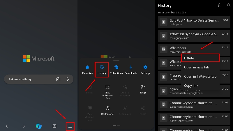 delete individual history in edge on mobile