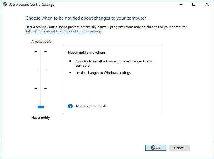 Настройки контроля учётных записей