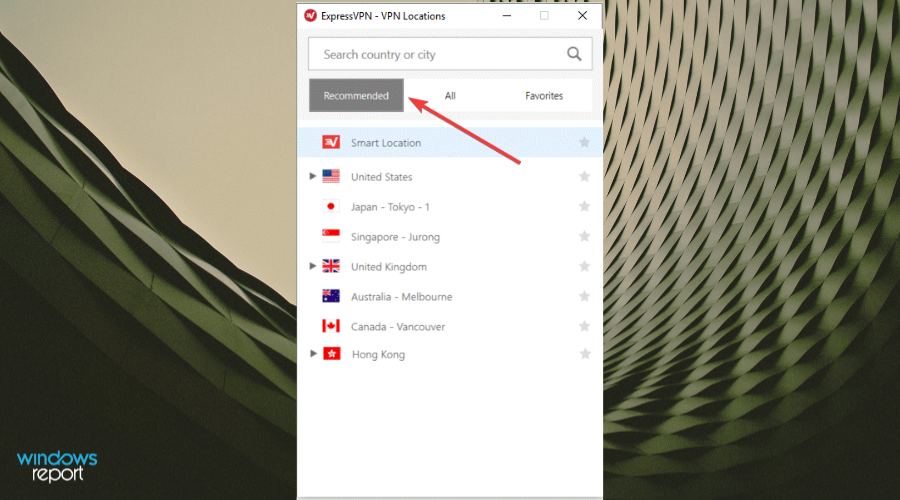 Выбор сервера в ExpressVPN