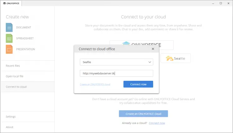 Окно ввода адреса Seafile в ONLYOFFICE