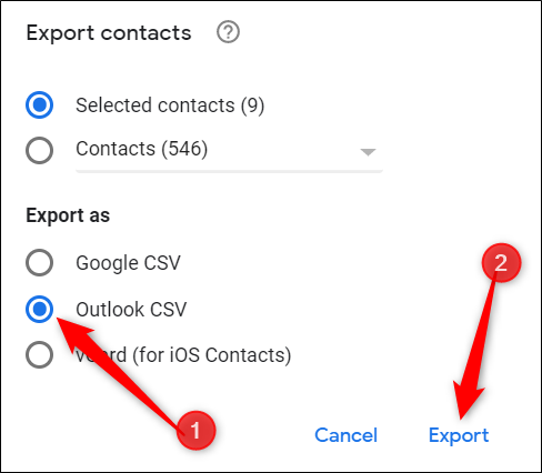Выберите Outlook CSV, затем нажмите Экспорт.
