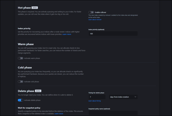 Параметры фазы удаления в политике ILM: указание возраста индекса для удаления