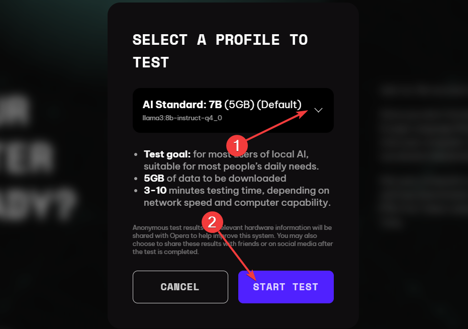Selezione del profilo AI per il test con opzioni disponibili