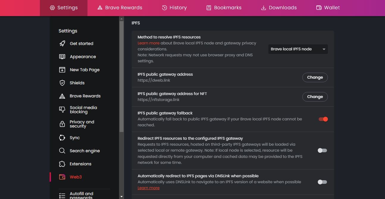 Скриншот настроек IPFS в Brave