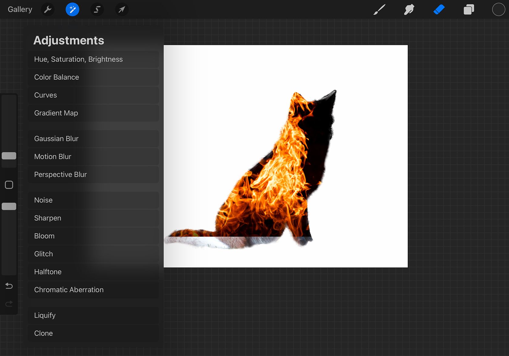 Меню коррекции в Procreate.