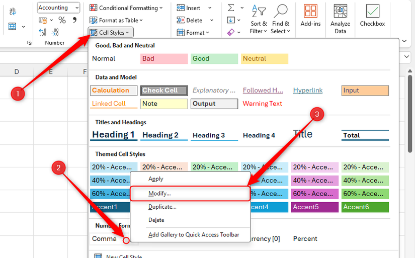 Контекстное меню стиля Запятая в Excel, выделено Изменить.