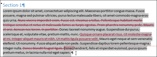 Выделение текста с включённым отслеживанием правок