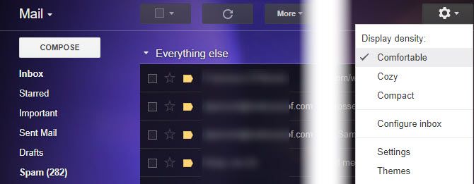 Режим «Удобный» в Gmail — большие отступы