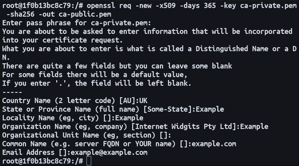Скриншот процесса создания CA с OpenSSL
