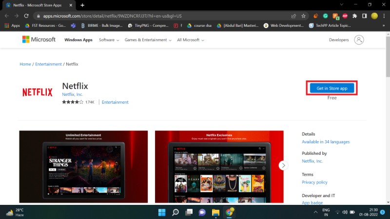 pagina Microsoft Store per scaricare l'app Netflix su Windows