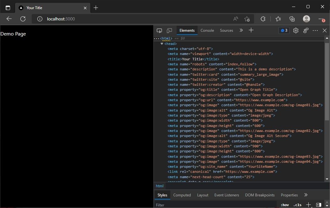 Страница Next.js с текстом 'Demo Page' и метатегами Open Graph
