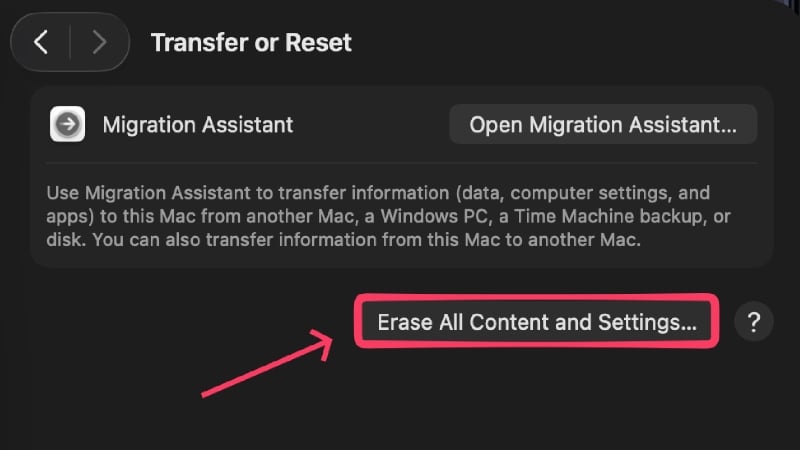 Опция Erase All Content and Settings