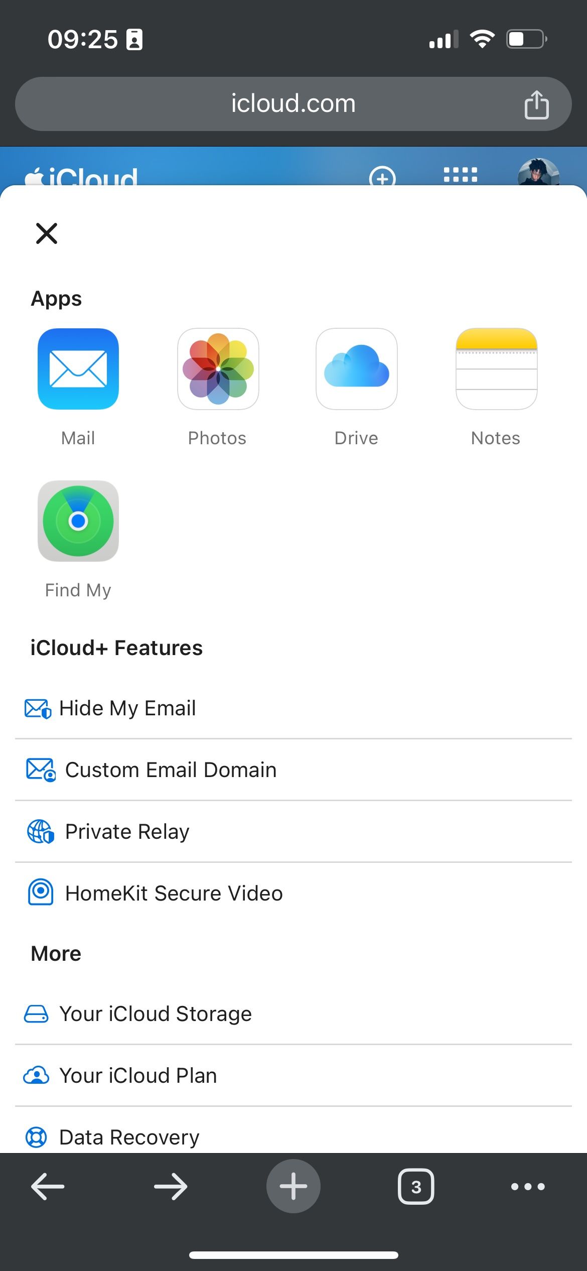Меню приложений на iCloud web