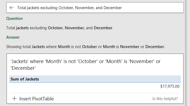 Результат вопроса и ответ в панели Анализ данных