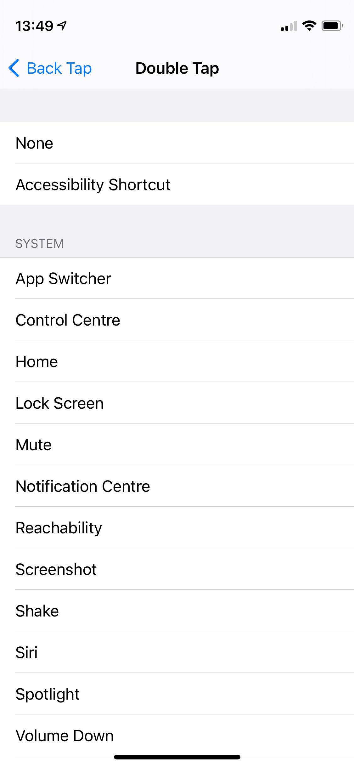 Список действий для двойного нажатия Back Tap