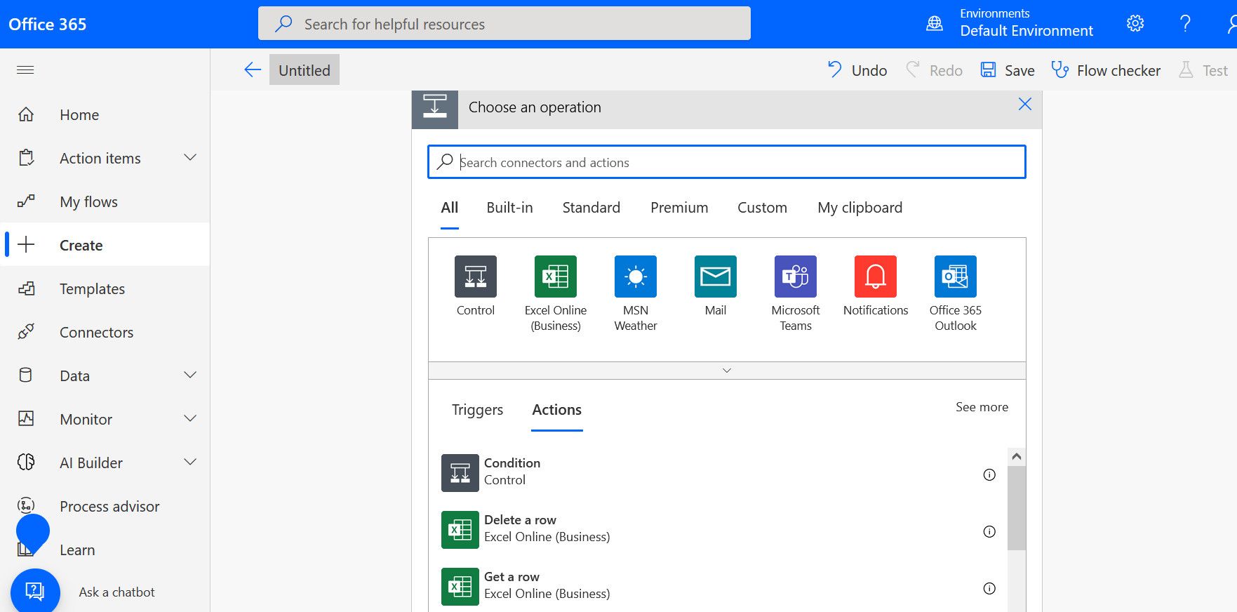 Выбор действия Excel Online в Power Automate