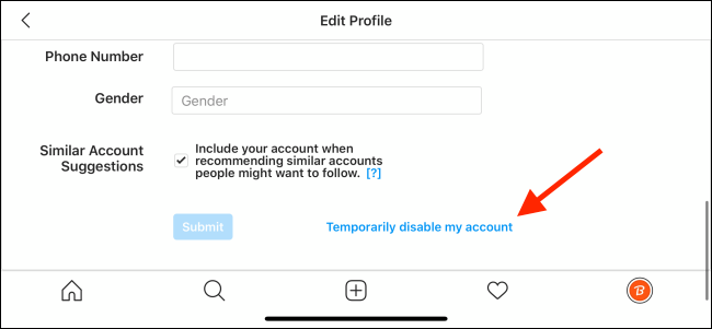 Выберите пункт Временно деактивировать мой аккаунт на сайте Instagram