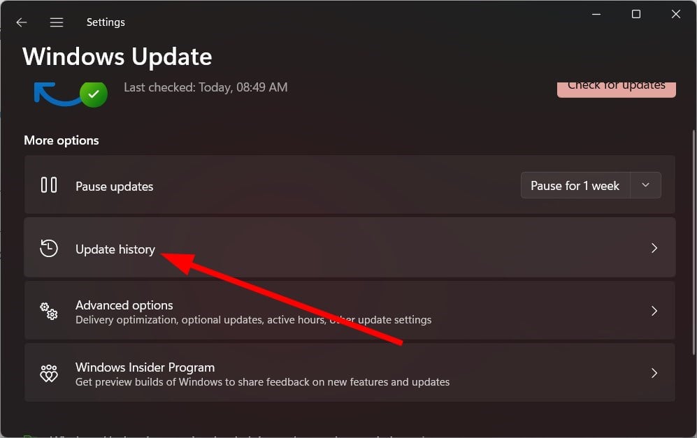 Просмотр истории обновлений Windows