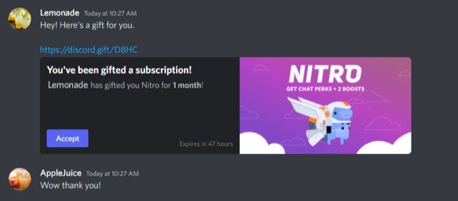Пример легитимного подарка Discord Nitro с кнопкой 