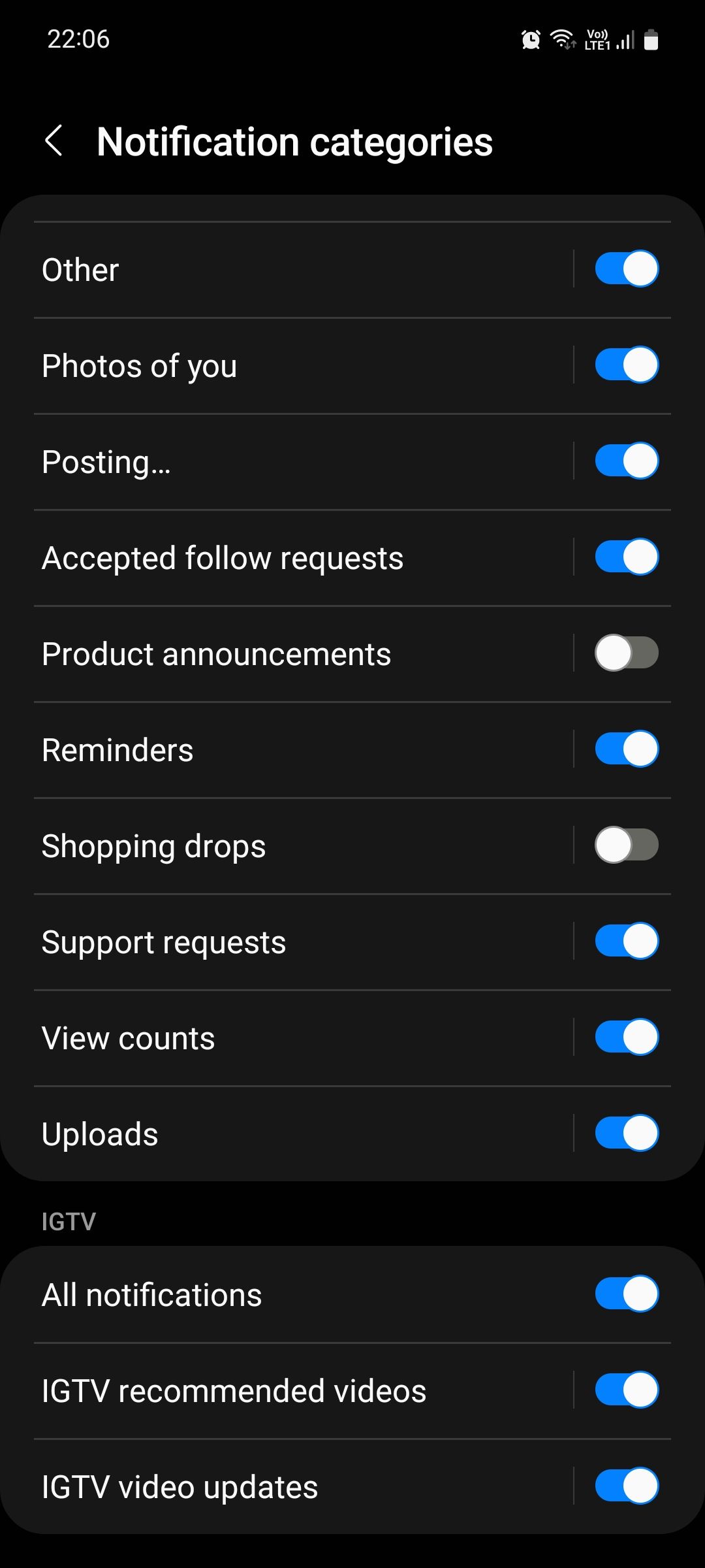 Категории уведомлений Instagram