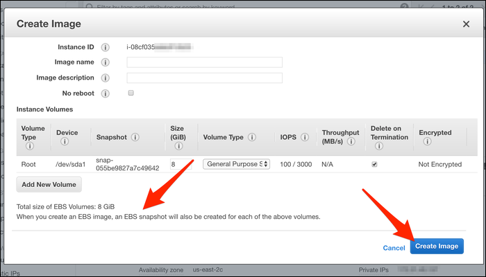 Диалог создания образа в консоли EC2