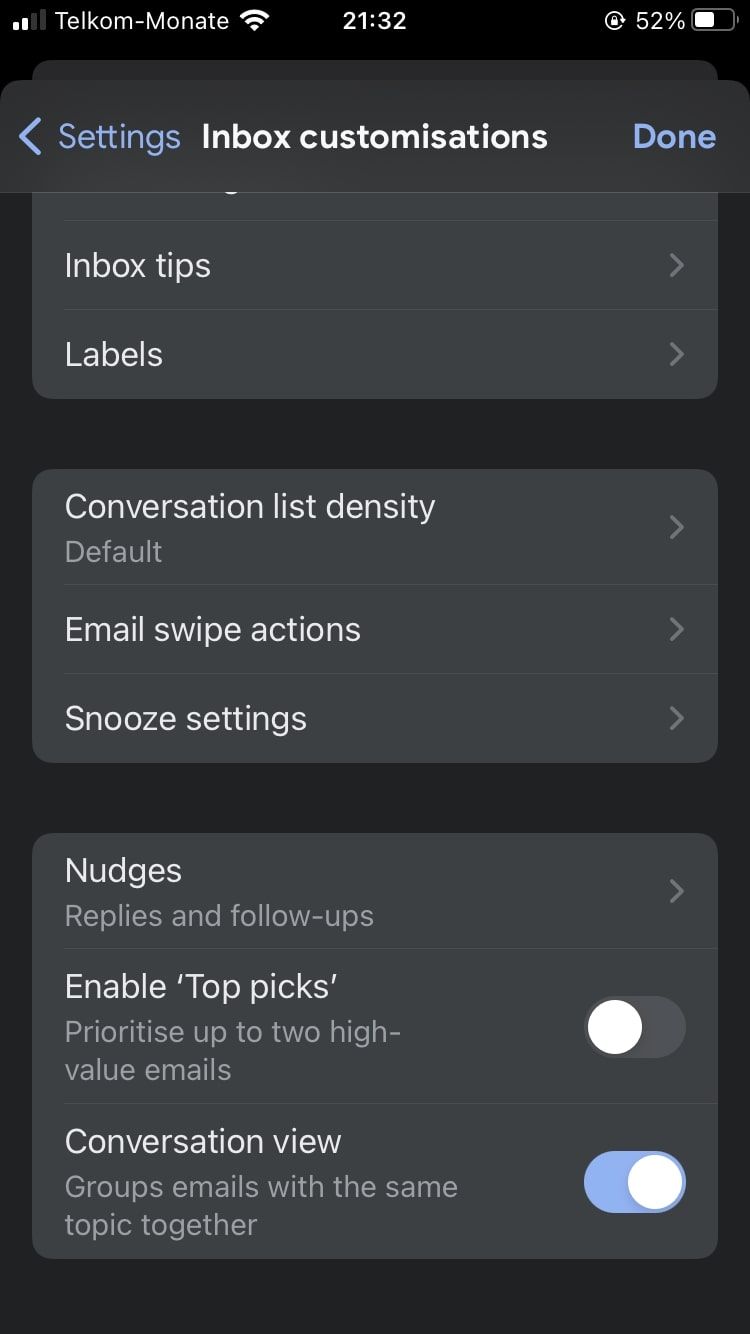 Отключение Top Picks в приложении Gmail на iPhone