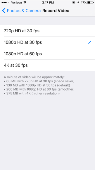 Опции разрешения и частоты кадров для записи видео на iPhone