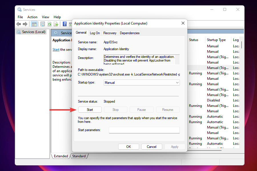 Кнопка запуска службы и сохранение изменений