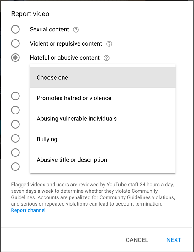 Выбор причины жалобы: примерный интерфейс выбора