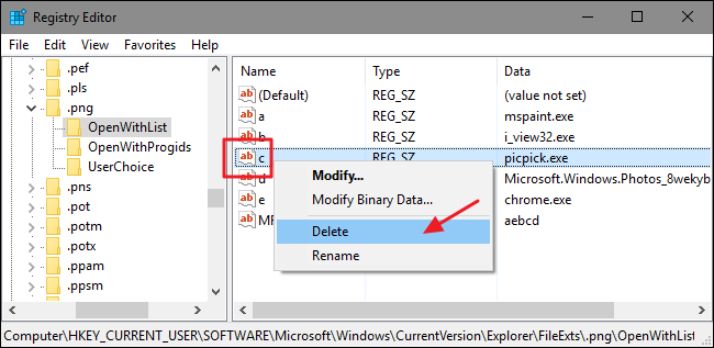 Удаление записи приложения из OpenWithList