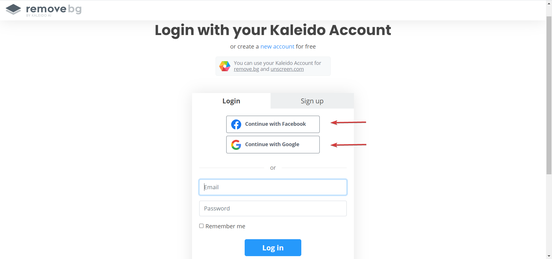 Варианты входа в систему remove.bg через соцсети