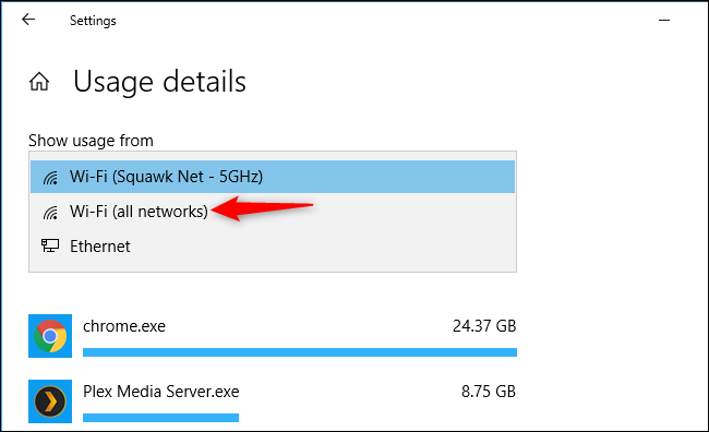 Выпадающий список «Показать использование с» с выбором Wi‑Fi, Ethernet и других типов