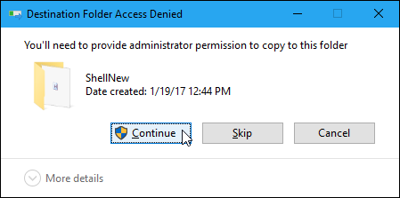 Диалог управления доступом при копировании файла в ShellNew