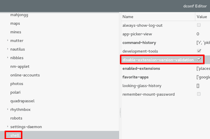 Опция disable-extension-version-validation в dconf-editor отмечена