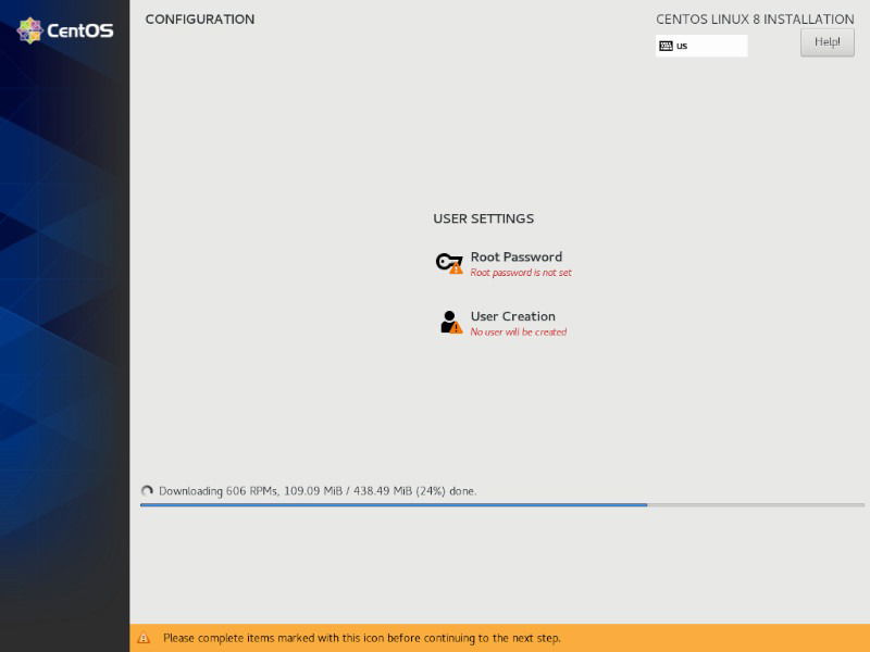 Процесc установки CentOS — ход выполнения