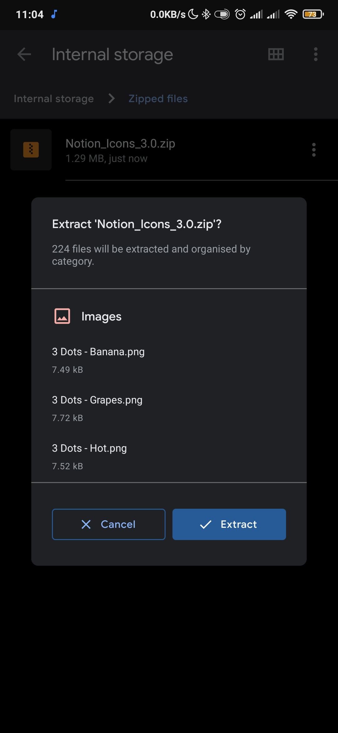 Окно извлечения ZIP‑файла в Files by Google, показан выбор опции распаковки