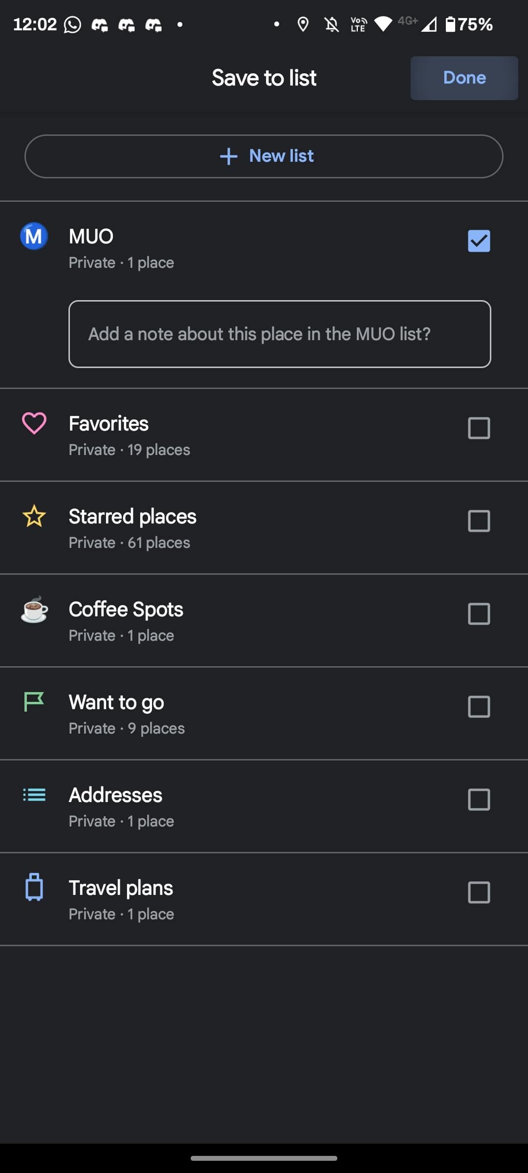 Добавление места в список в Google Maps