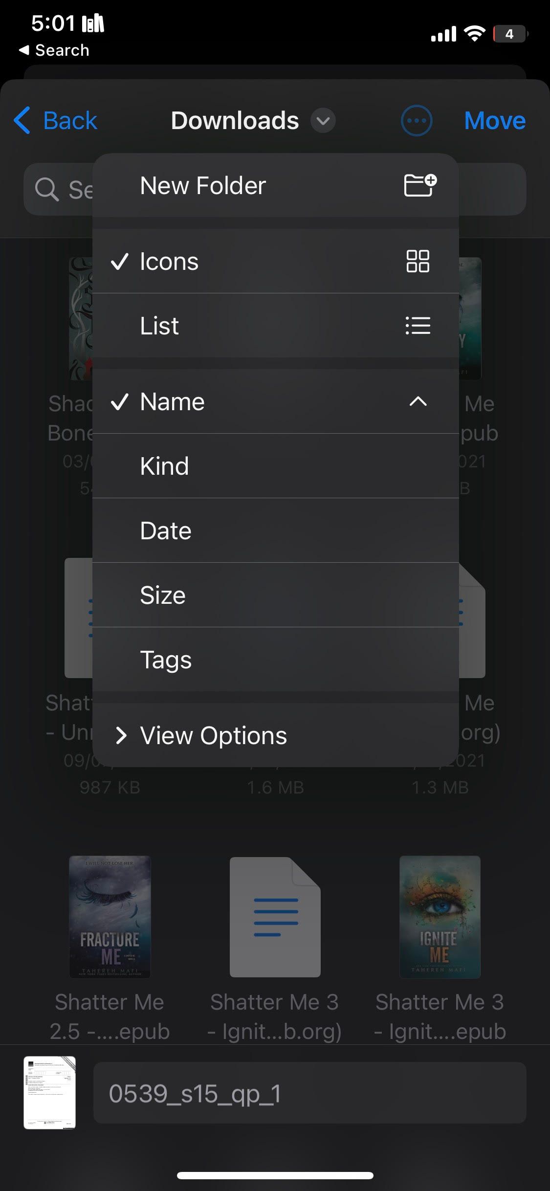 Контекстное меню после нажатия на три точки в Файлах