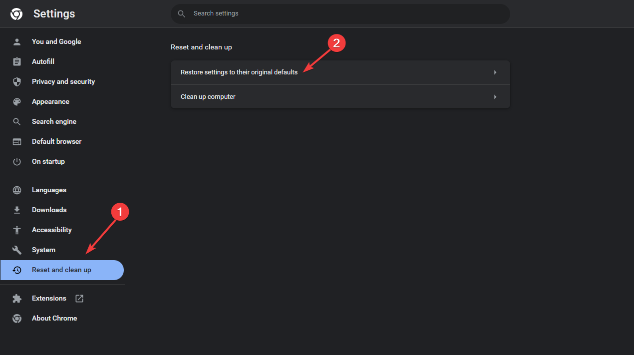 Раздел сброса настроек в Chrome