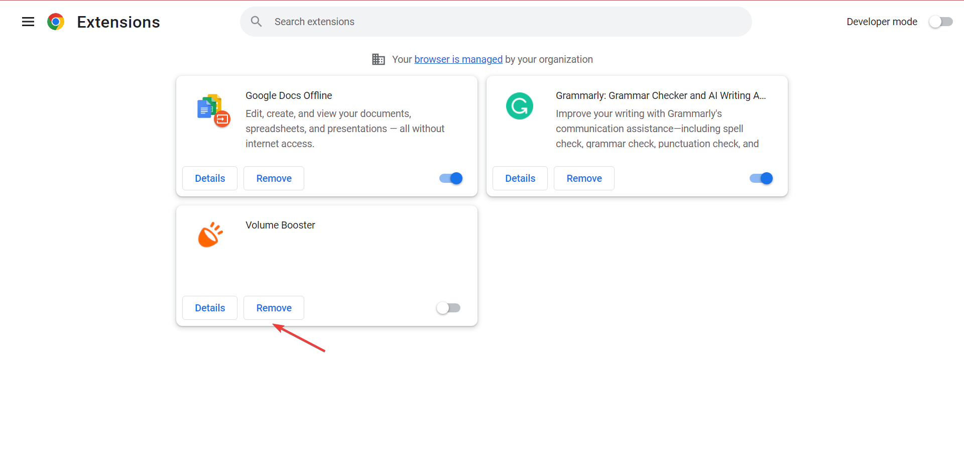 Страница расширений в Chrome со списком расширений
