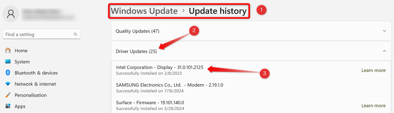 Проверка недавнего обновления драйвера в настройках Windows.