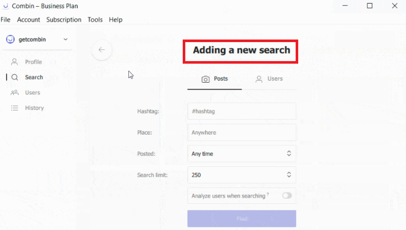 Вкладка «Поиск» в интерфейсе Combin