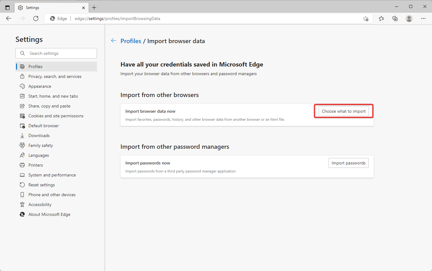 Окно 'Выберите, что импортировать' в Edge