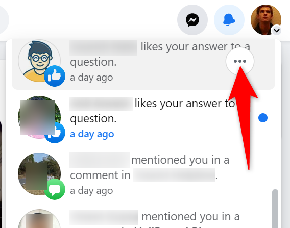 Три точки рядом с уведомлением: меню опций для удаления или отметки как прочитанного.