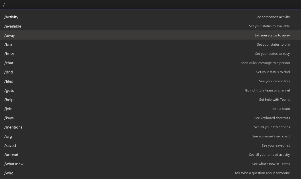 Список команд чата в Microsoft Teams