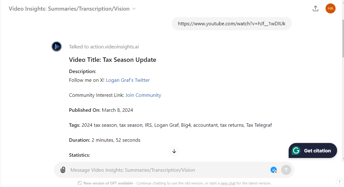 скриншот Video Insights Custom GPT в интерфейсе