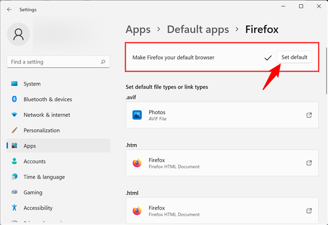 Кнопка «Установить по умолчанию» для выбранного браузера.