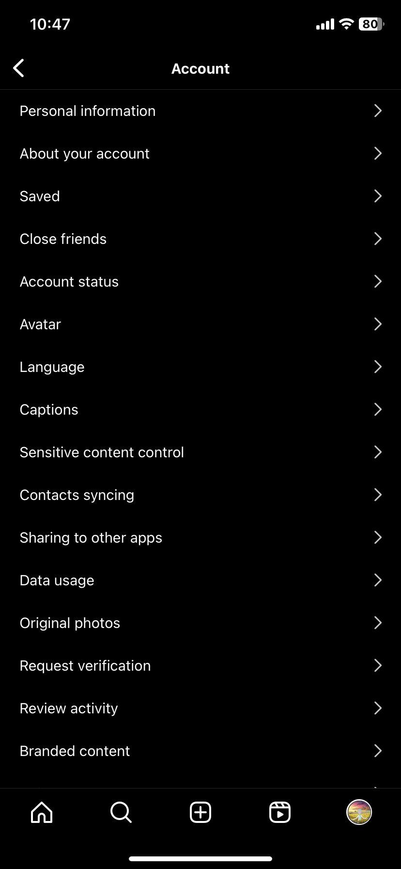 Опция Статус аккаунта в настройках Instagram